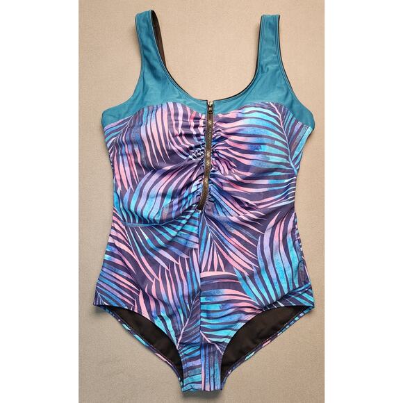 Aquamore One Piece Swimsuit Size 16 Front Zip Ombre Palm Chlorine Resistant - Picture 1 of 13